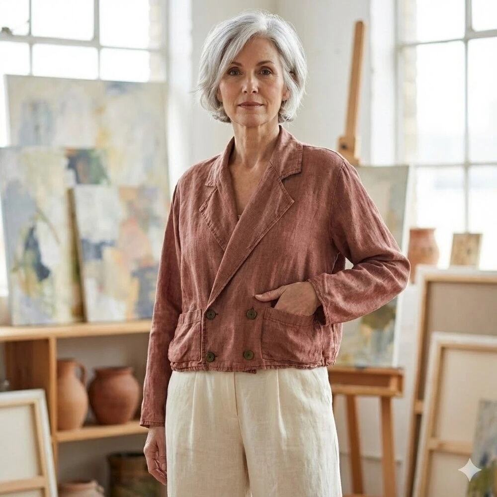 Flax Cropped Linen Blazer Jacket Small Lagenlook Artsy Boho